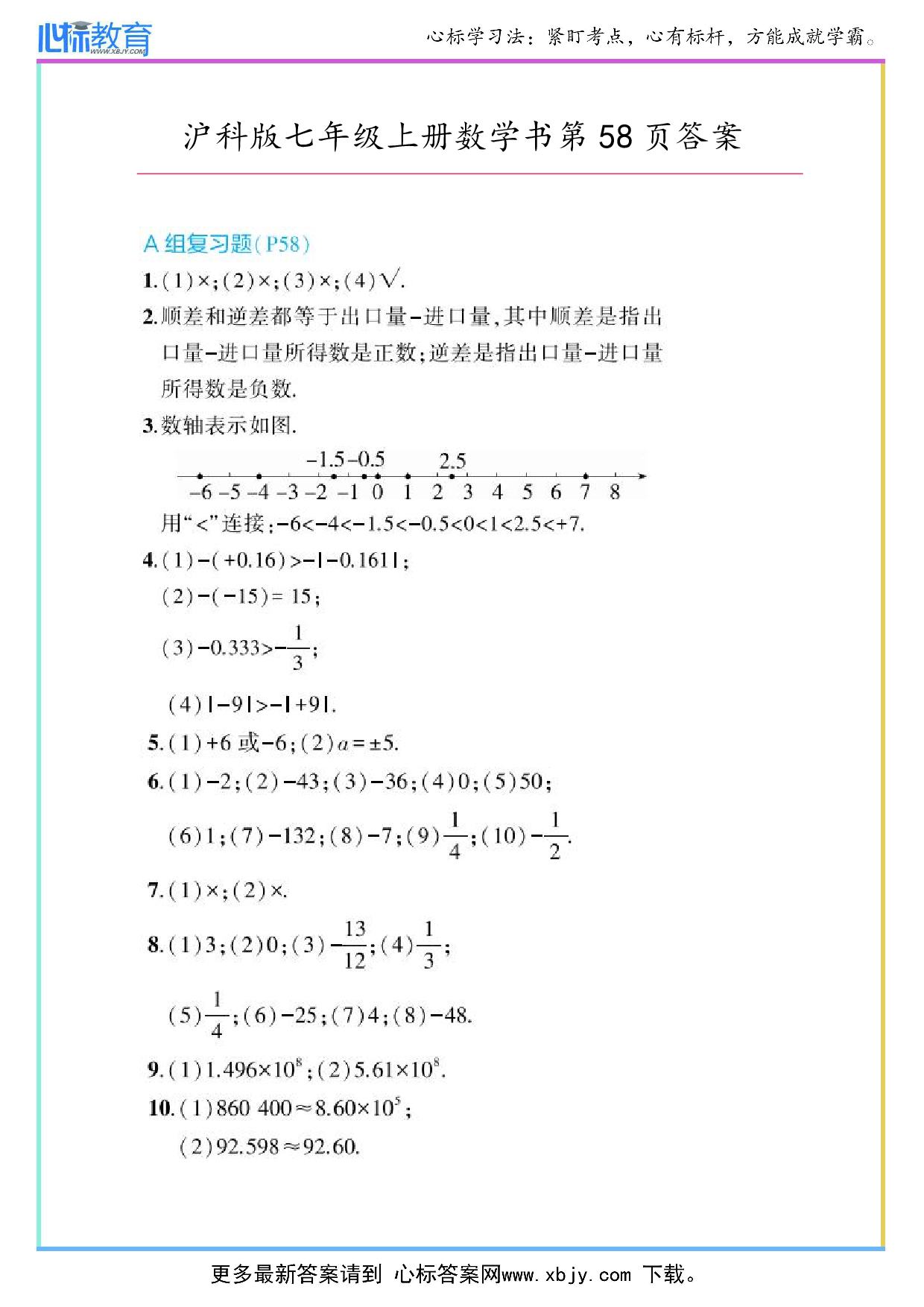 2024年最新沪科版七年级上册数学书第58页答案