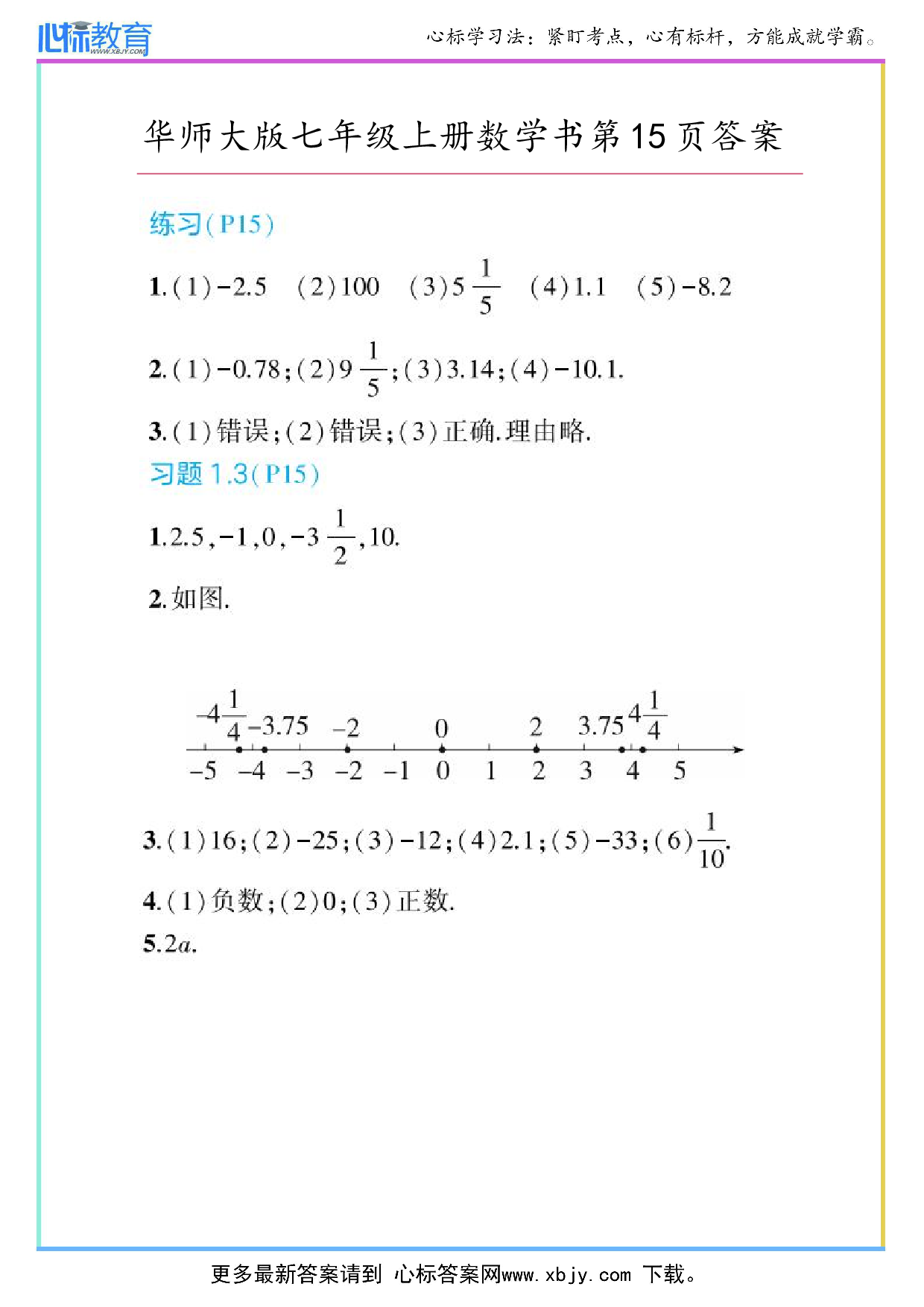 2024年华师大版七年级上册数学课本第15页答案