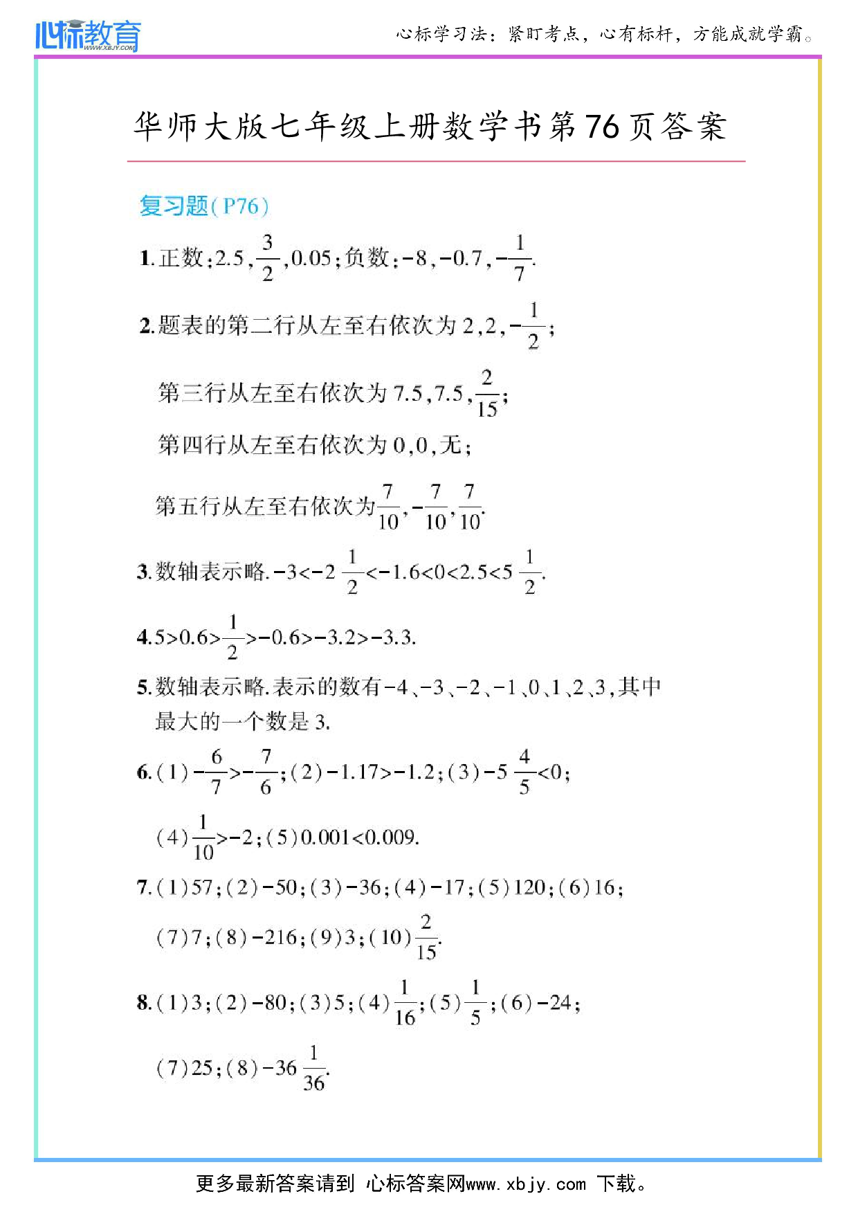 2024年华师大版七年级上册数学课本第76页答案