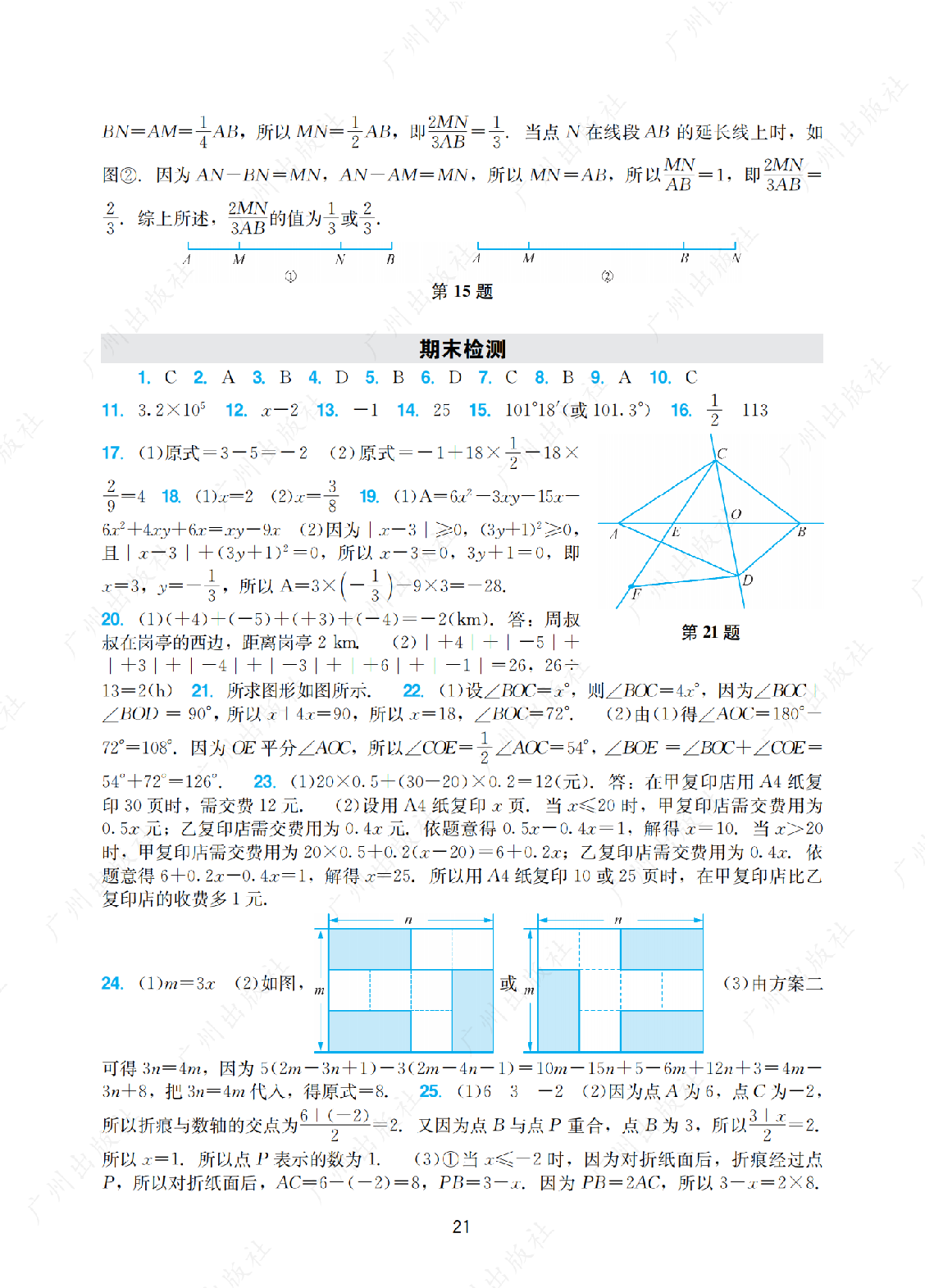 2024年阳光学业评价数学七年级上册答案第二十一页