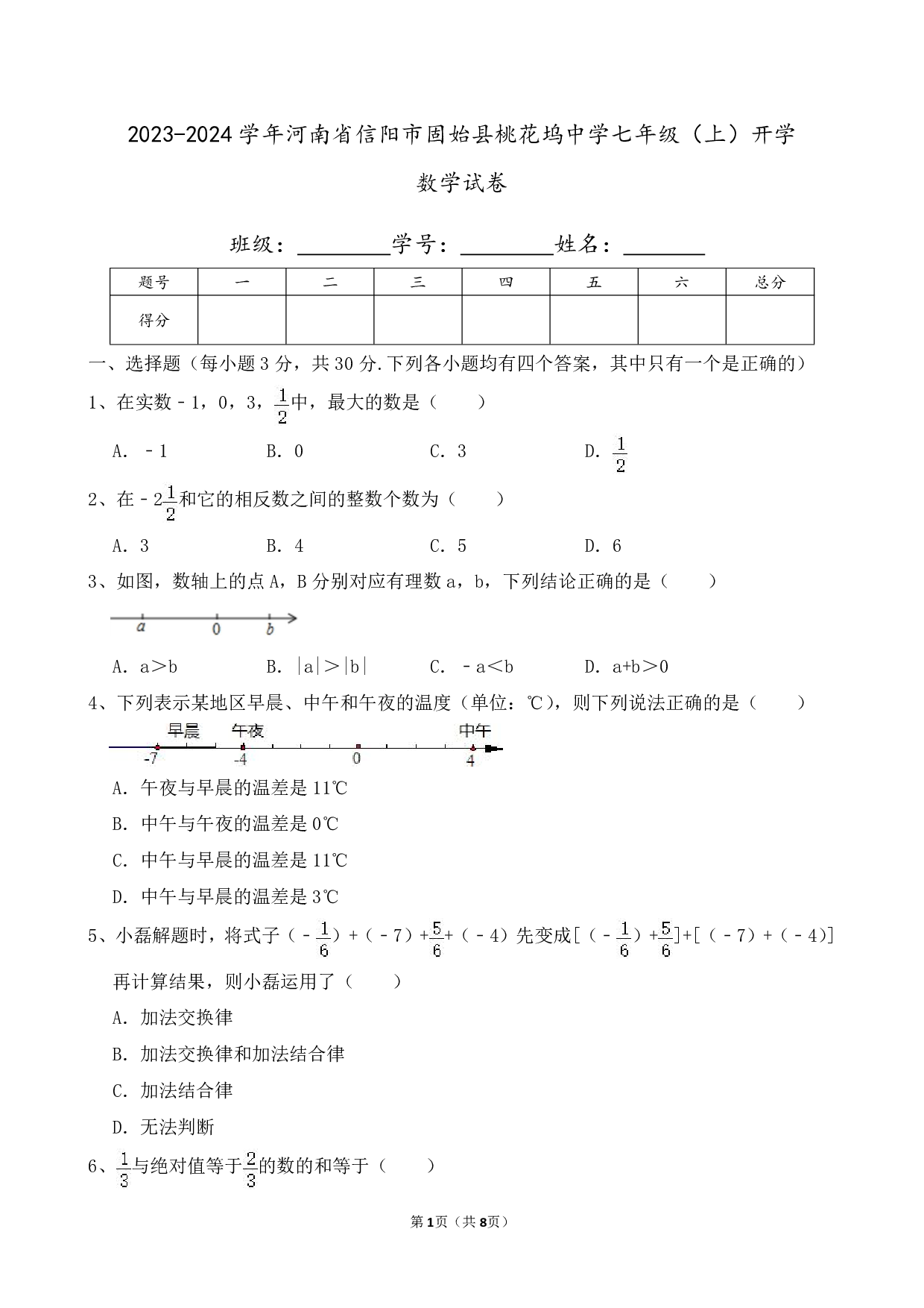 2024年河南省信阳市固始县桃花坞中学七年级上册开学数学试卷及答案