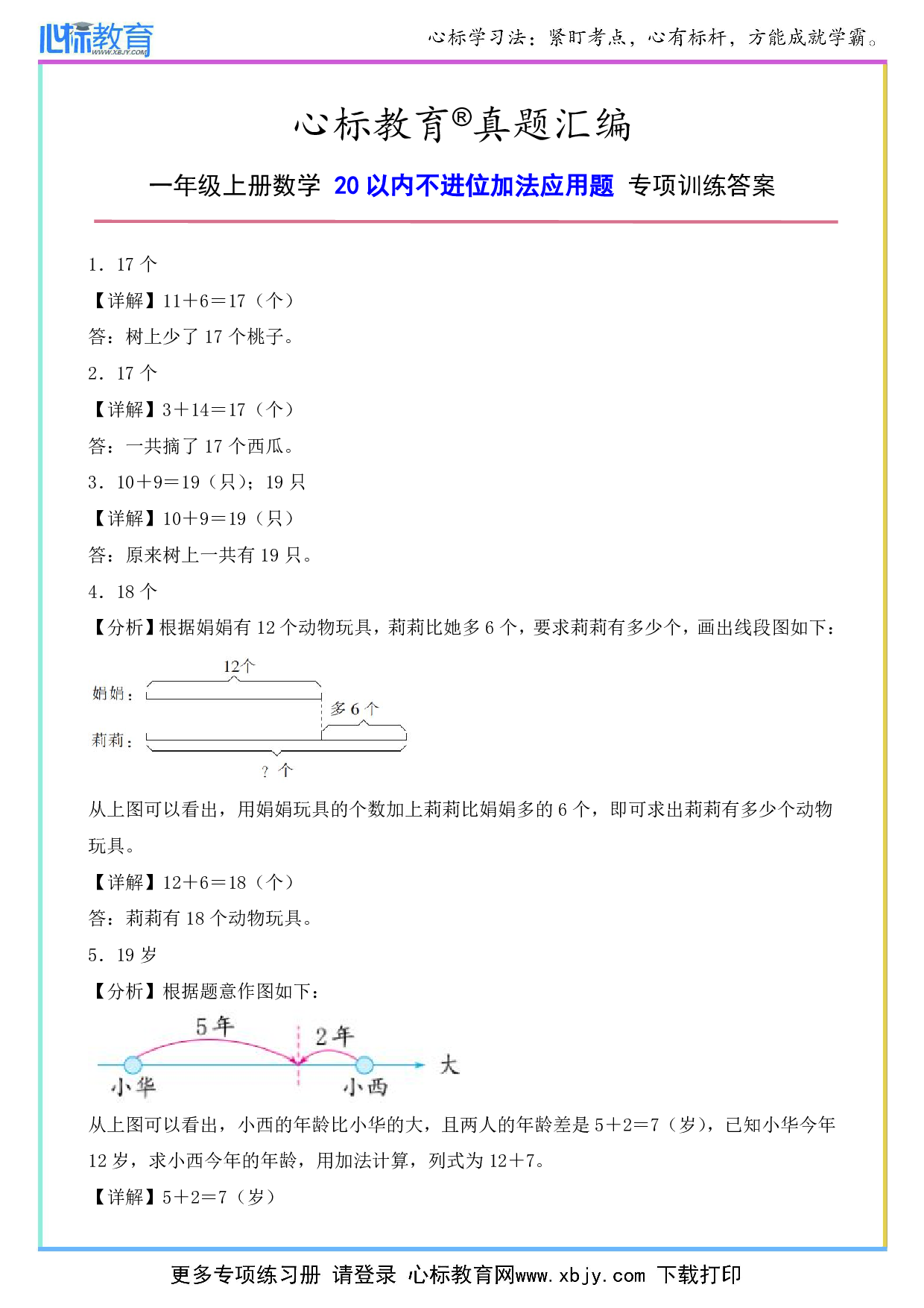 一年级上册20以内不进位加法应用题答案