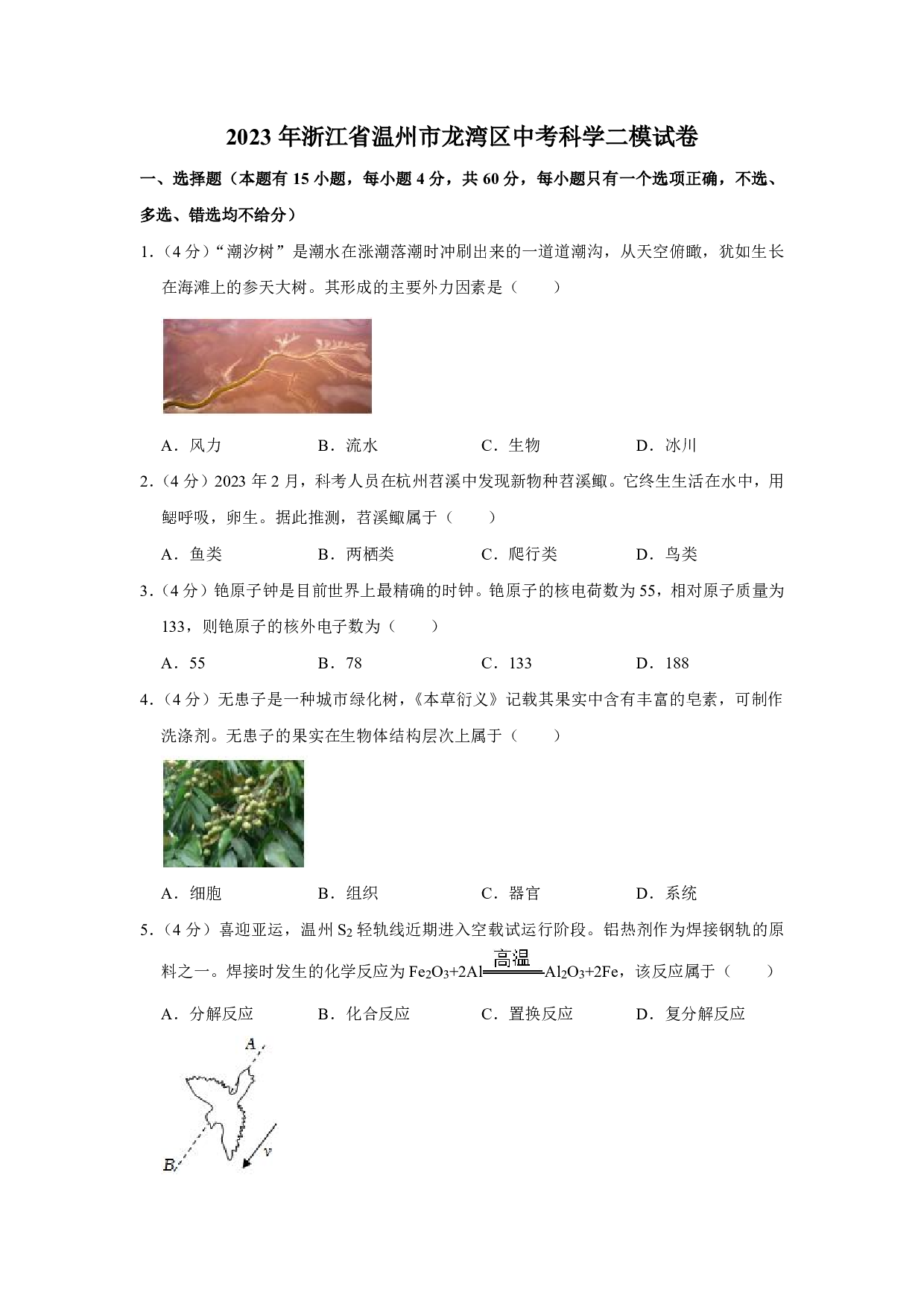 2023年浙江省温州市龙湾区中考二模科学试题及答案（含答案解析版）
