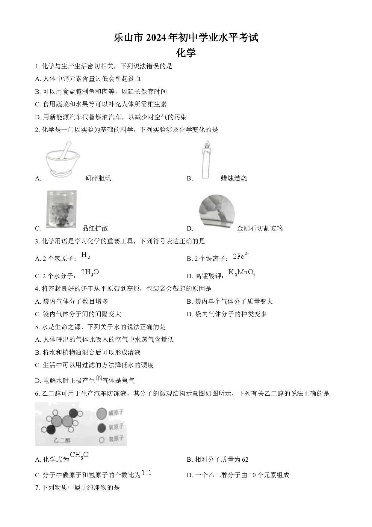 2024年四川省乐山市中考化学真题试卷及答案（word解析版）